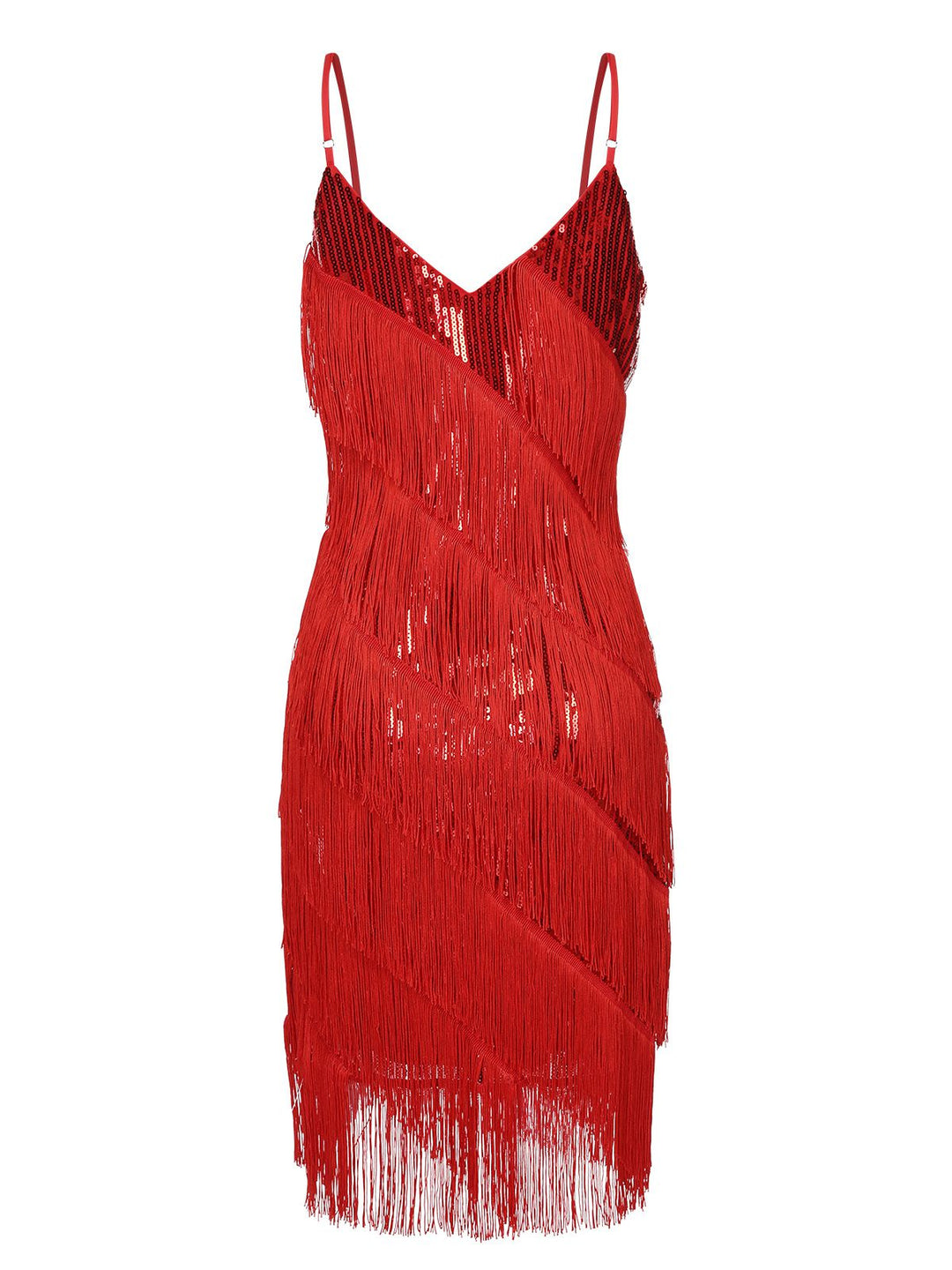 This Red 1920s Spaghetti Strap Sequin Fringe Dress wraps her in 1920s elegance, one twirl at a time