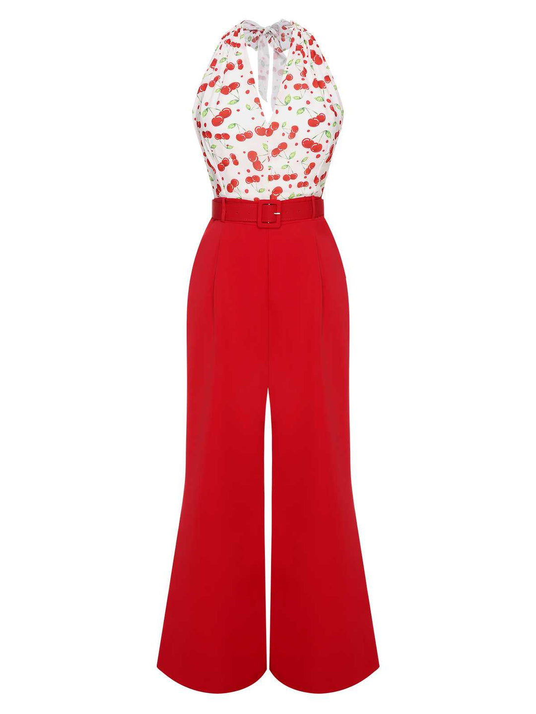 Red 1930s Cherry Belted Halter Jumpsuit — vintage elegance for the modern woman
