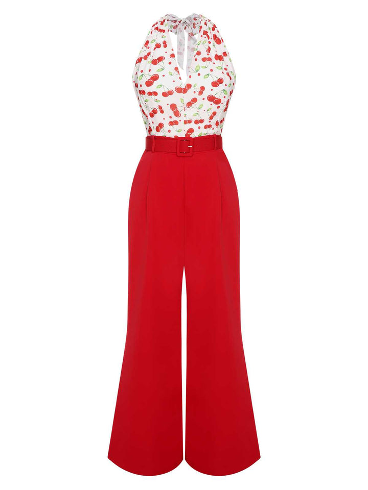 Red 1930s Cherry Belted Halter Jumpsuit — vintage elegance for the modern woman
