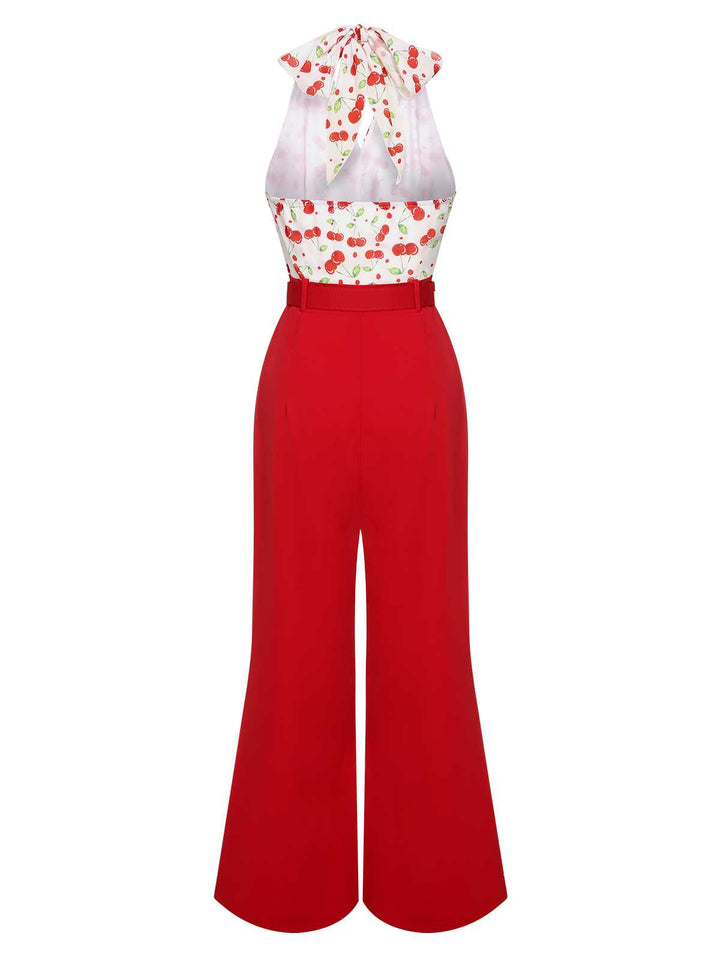 Red 1930s Cherry Belted Halter Jumpsuit — vintage elegance for the modern woman