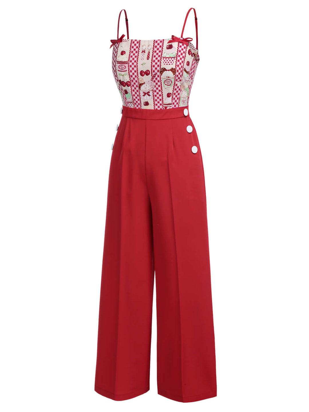 Red 1930s Cherry Cupcake Strap Jumpsuit, vintage romper, retro jumpsuit - perfect for women who love vintage and retro fashion