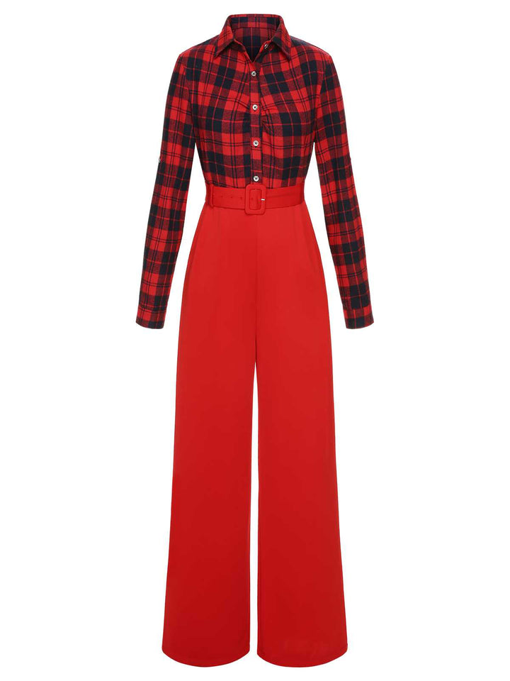 Red 1930s Christmas Plaid Jumpsuit — vintage elegance for the modern woman