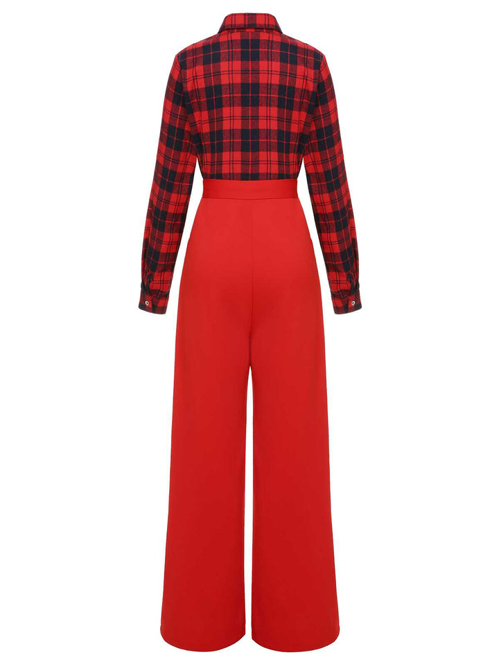 Red 1930s Christmas Plaid Jumpsuit — vintage elegance for the modern woman