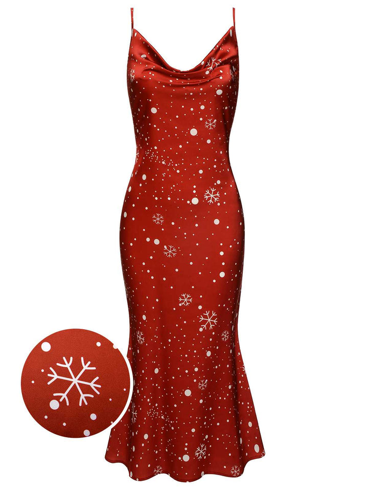 Red 1930s Christmas Strap Snowflake Mermaid Dress: timeless style reimagined