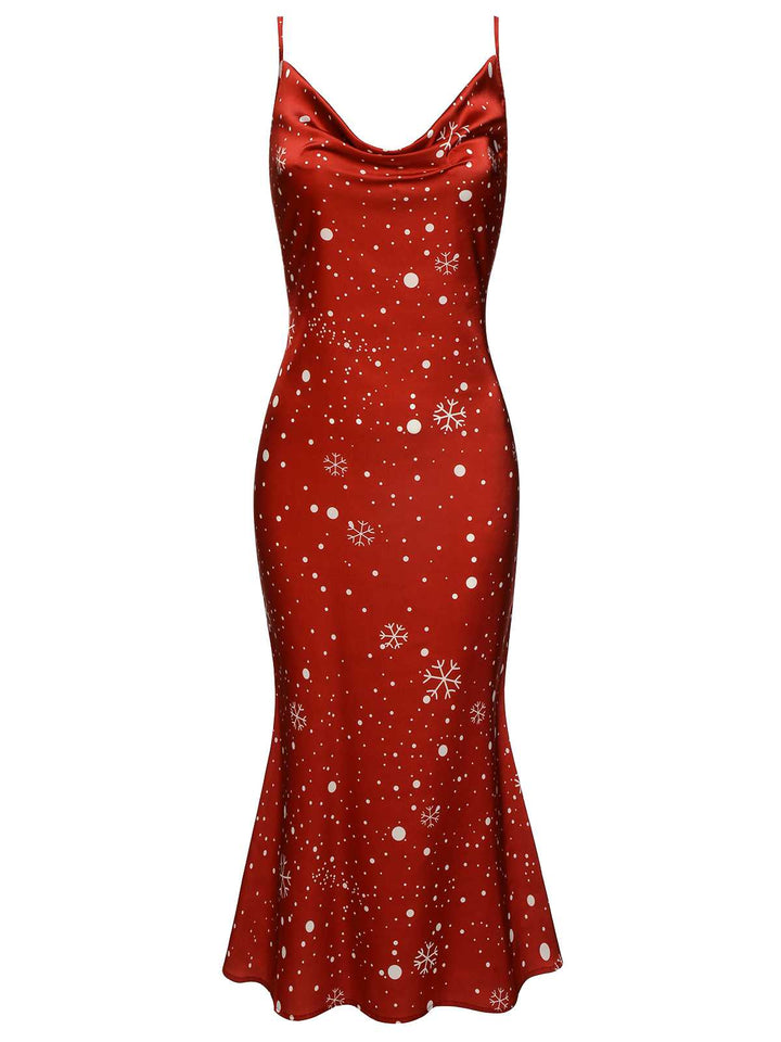 Red 1930s Christmas Strap Snowflake Mermaid Dress — vintage elegance for the modern woman