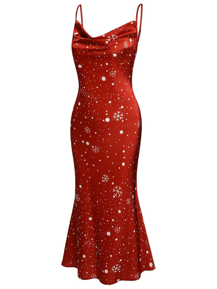 Red 1930s Christmas Strap Snowflake Mermaid Dress: timeless style reimagined