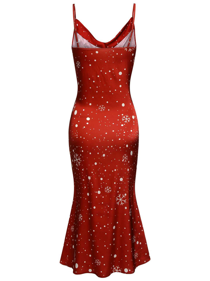 Red 1930s Christmas Strap Snowflake Mermaid Dress — vintage elegance for the modern woman