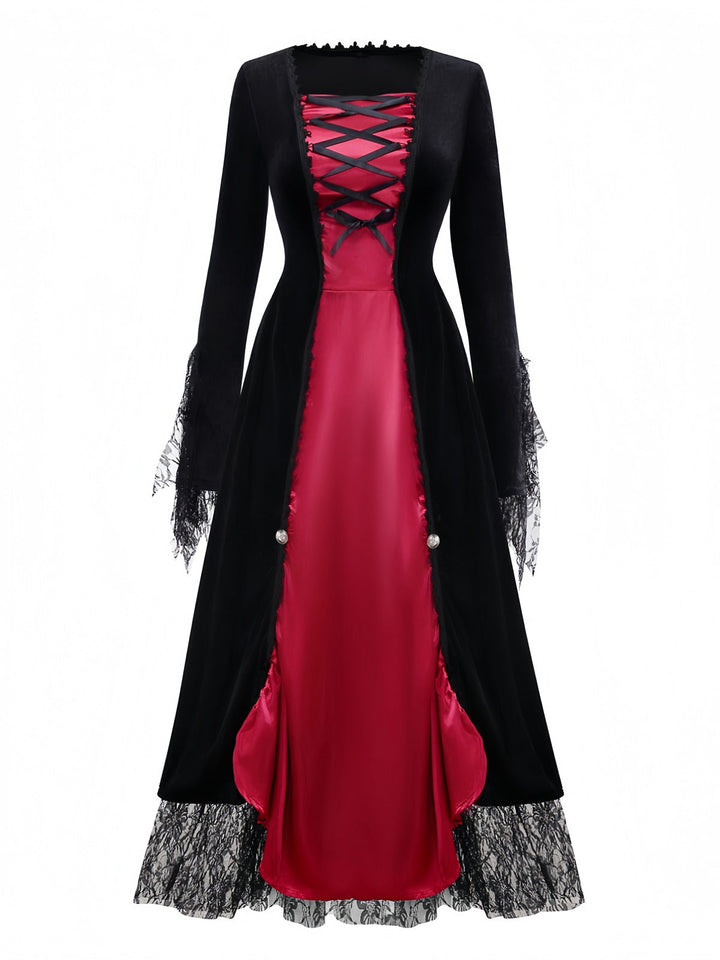Red 1930s Halloween Vampire Queen Lace-Up Dress - vintage dress, retro fashion, elegant red