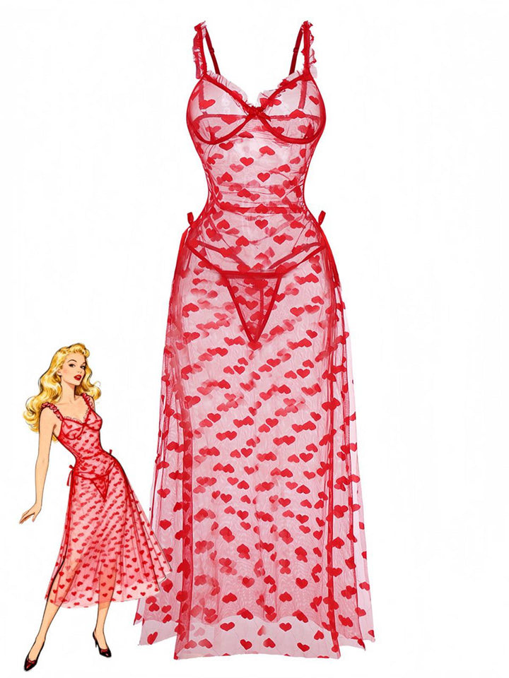 Red Heart Mesh Strap Nightdress - vintage dress, retro fashion, elegant red