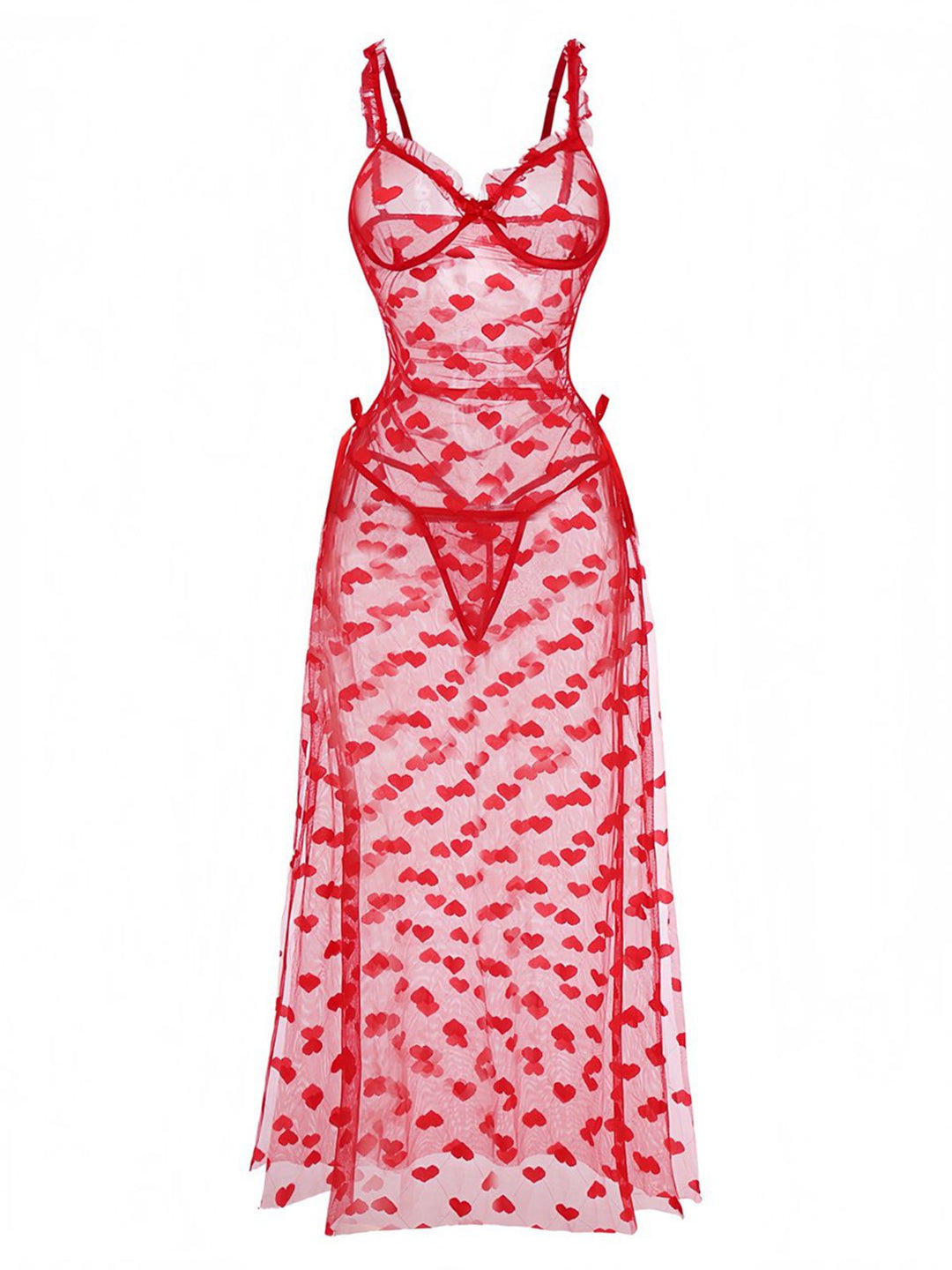 Red Heart Mesh Strap Nightdress - vintage dress, retro fashion, elegant red
