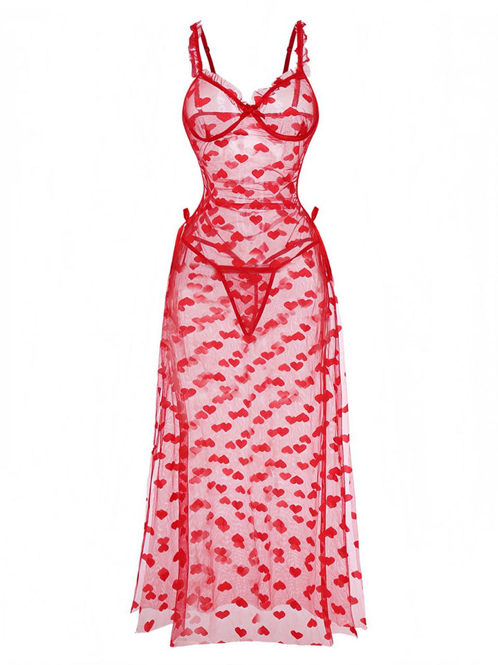 Red Heart Mesh Strap Nightdress - vintage dress, retro fashion, elegant red