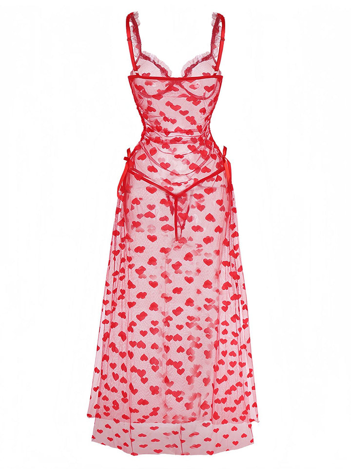 Red Heart Mesh Strap Nightdress - vintage dress, retro fashion, elegant red