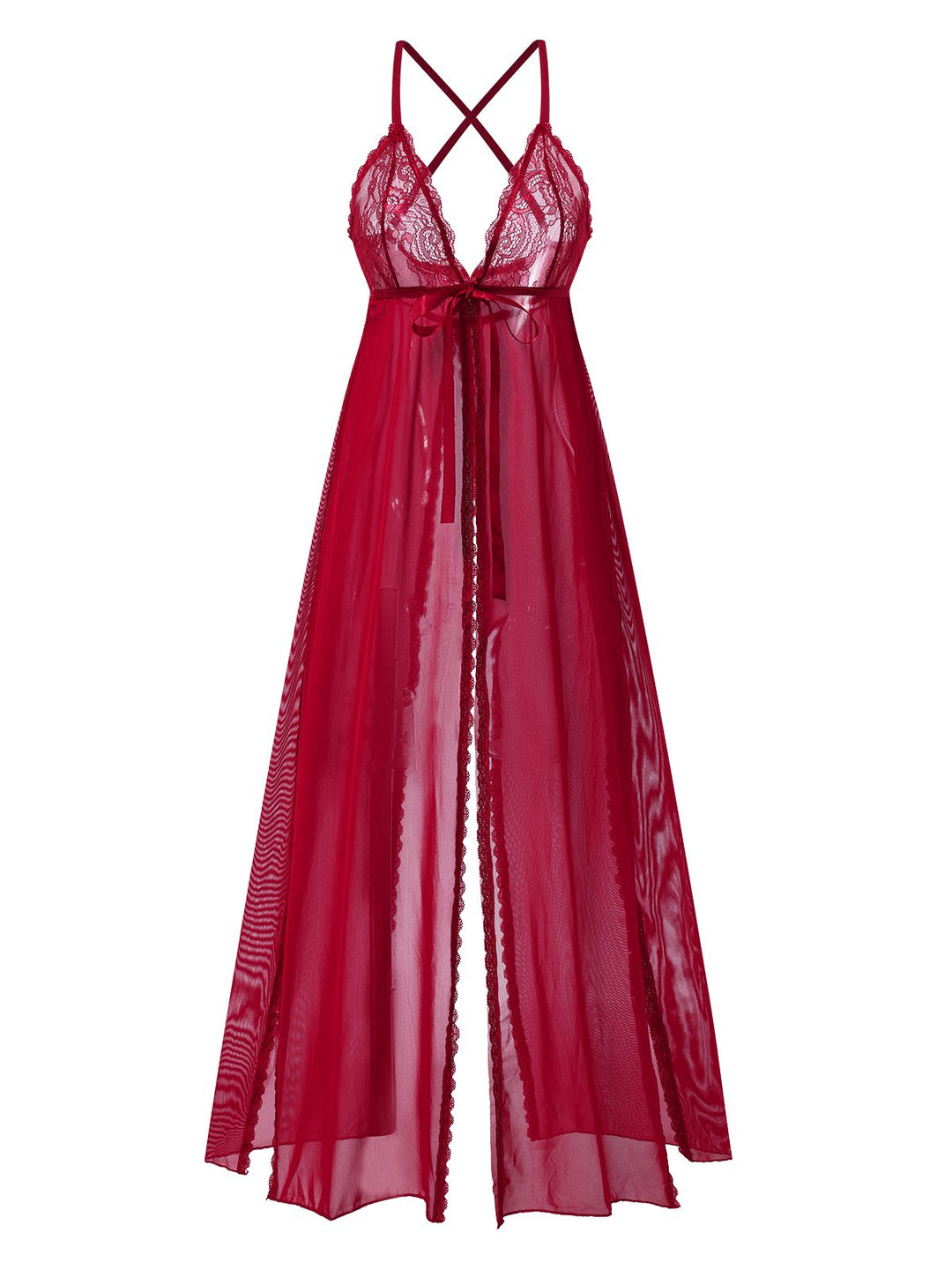 She slips into this Red High Slit Lace Chiffon Nightgown and suddenly it's a daydream
