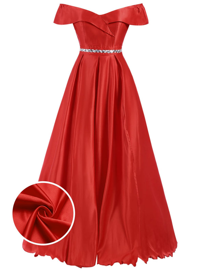 She slips into this Red 1930s Off-Shoulder Maxi Evening Dress and suddenly it&
