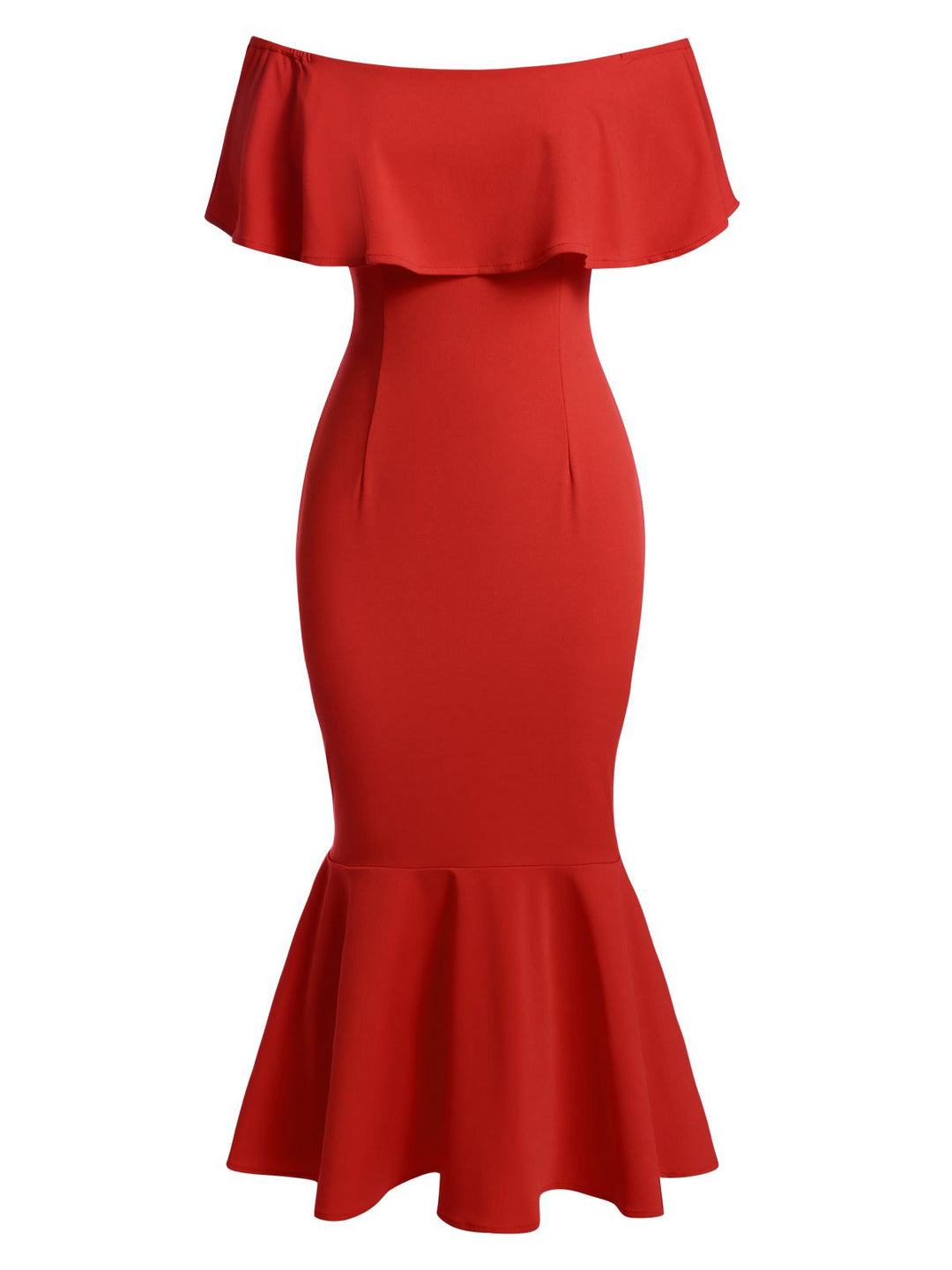 She slips into this Red 1930s Off-Shoulder Ruffles Mermaid Dress and suddenly it&
