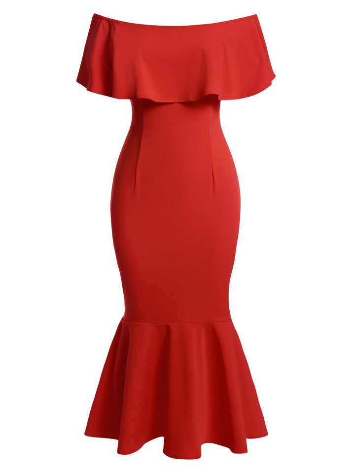 She slips into this Red 1930s Off-Shoulder Ruffles Mermaid Dress and suddenly it&