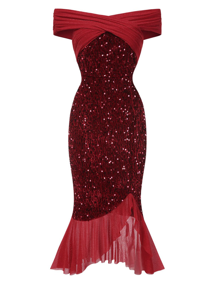 Red 1930s Sequined Off-Shoulder Dress, vintage dress, retro fashion - perfect for women who love vintage and retro fashion