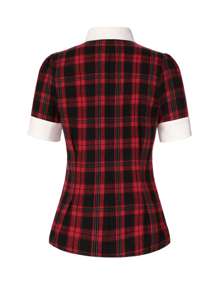 Red 1930s Shirt Collar Gingham Plaid Top - vintage fashion, retro style, elegant red