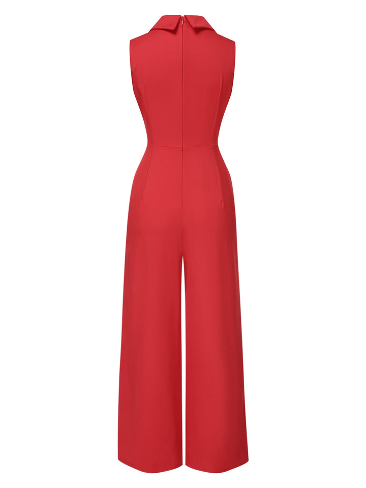 Red 1930s Solid Lapel Wide Leg Jumpsuit, vintage romper, retro jumpsuit - perfect for women who love vintage and retro fashion