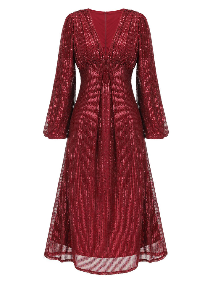 Red 1930s Solid Sequined V-Neck Shift Dress, vintage dress, retro fashion - perfect for women who love vintage and retro fashion