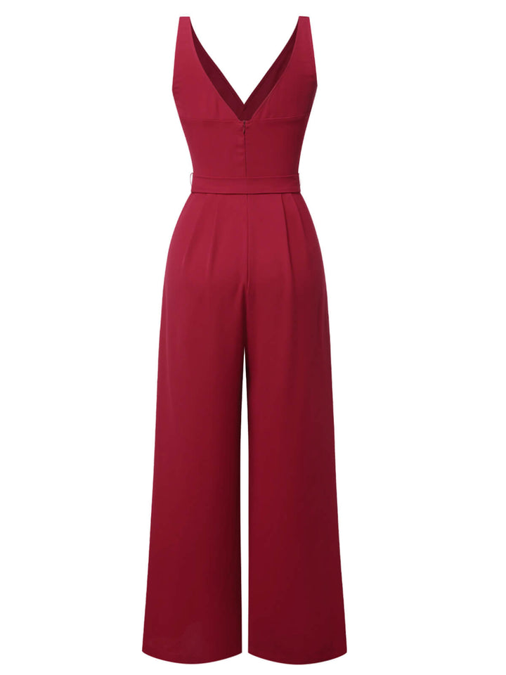 Red 1930s Solid Wasit Tie V-Neck Jumpsuit, vintage romper, retro jumpsuit - perfect for women who love vintage and retro fashion