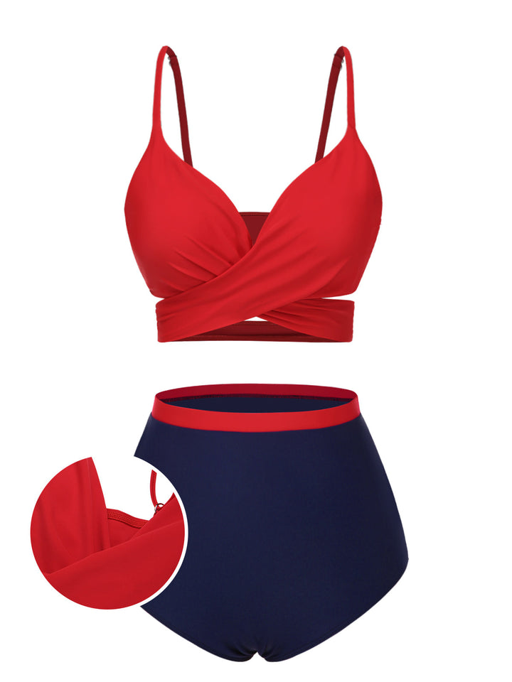 Red Spaghetti Strap Color Block Swimsuit: Riviera elegance, reimagined for her