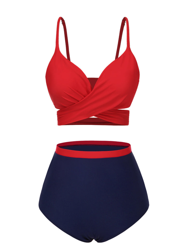 This Red Spaghetti Strap Color Block Swimsuit carries vacation dreams in every stitch