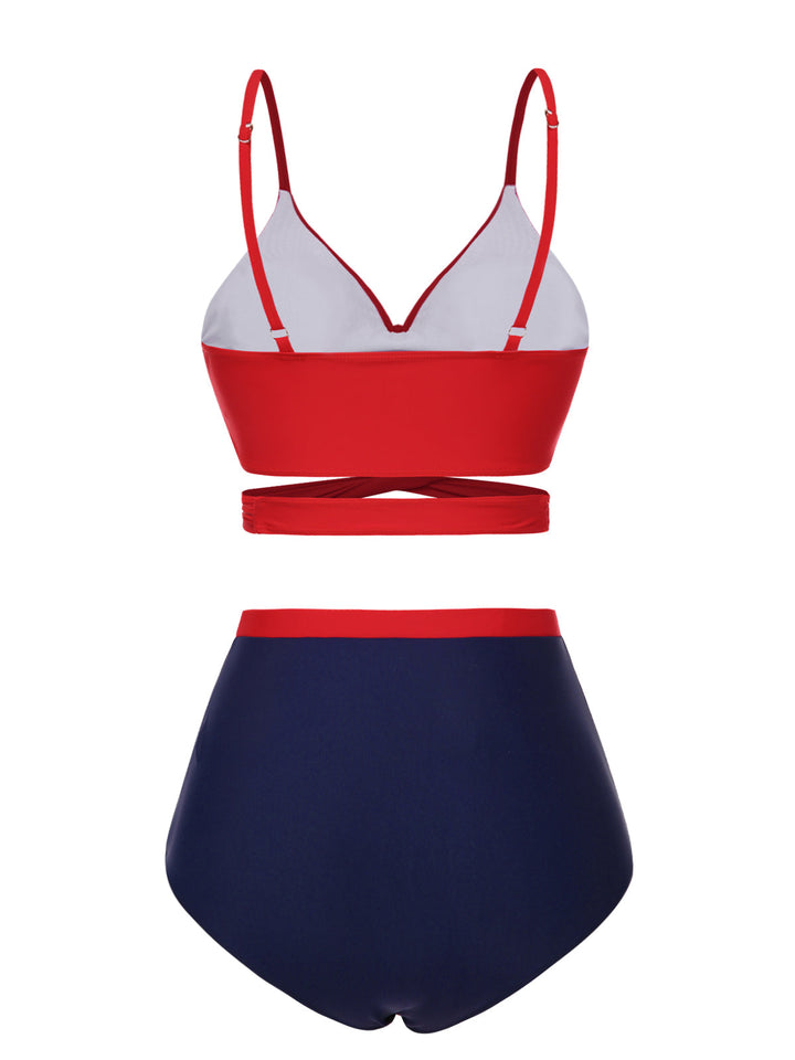 Red Spaghetti Strap Color Block Swimsuit — poolside glamour meets sun-drenched confidence