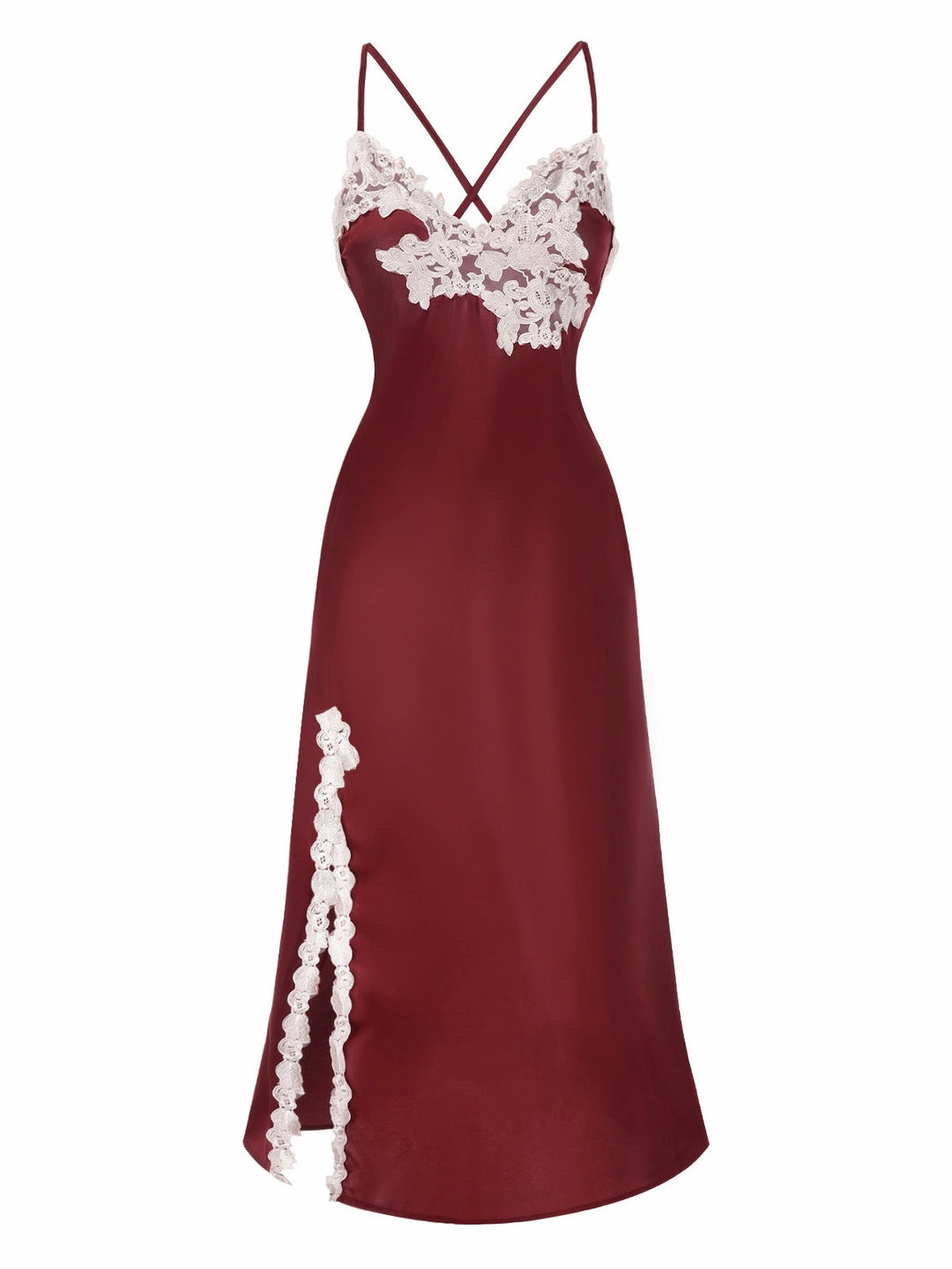 She slips into this Red Spaghetti Straps Side-Slit Lace Nightgown and suddenly it's a daydream