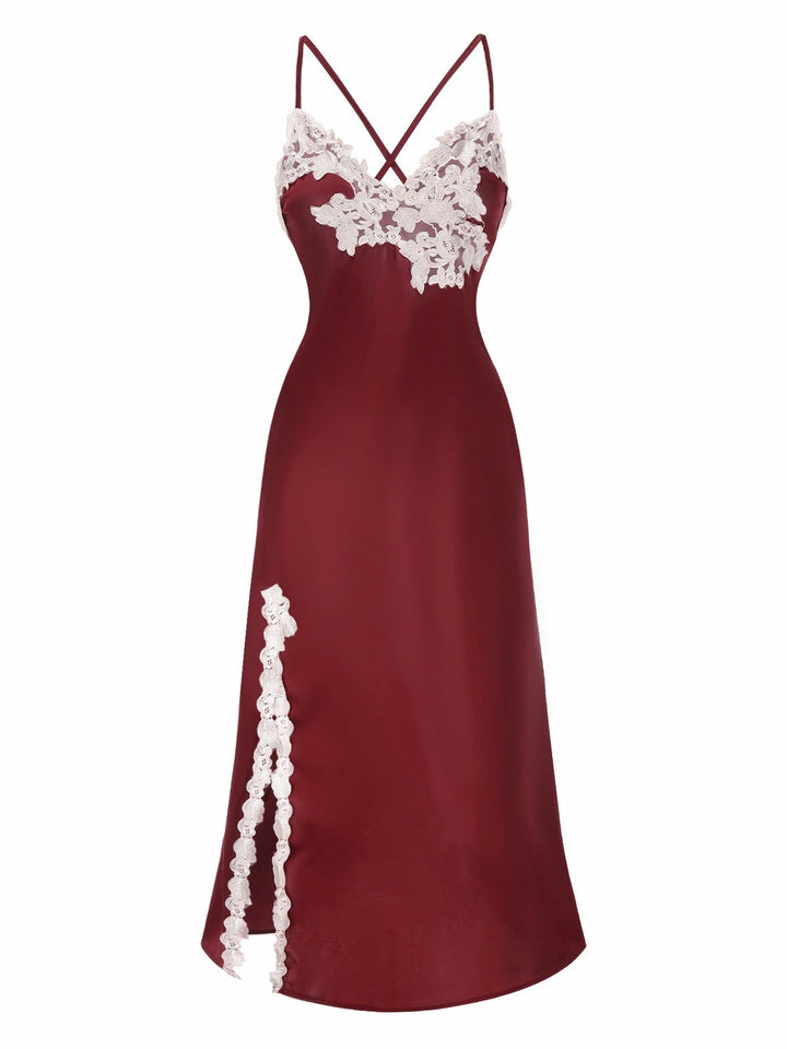 She slips into this Red Spaghetti Straps Side-Slit Lace Nightgown and suddenly it&