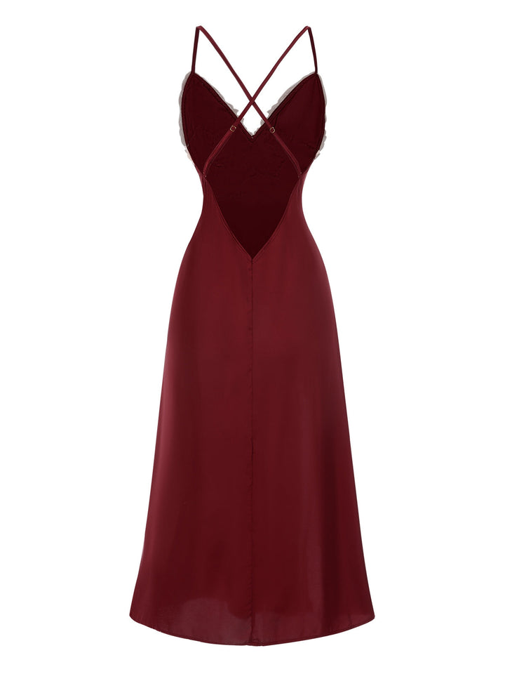Red Spaghetti Straps Side-Slit Lace Nightgown: where romance meets her modern spirit