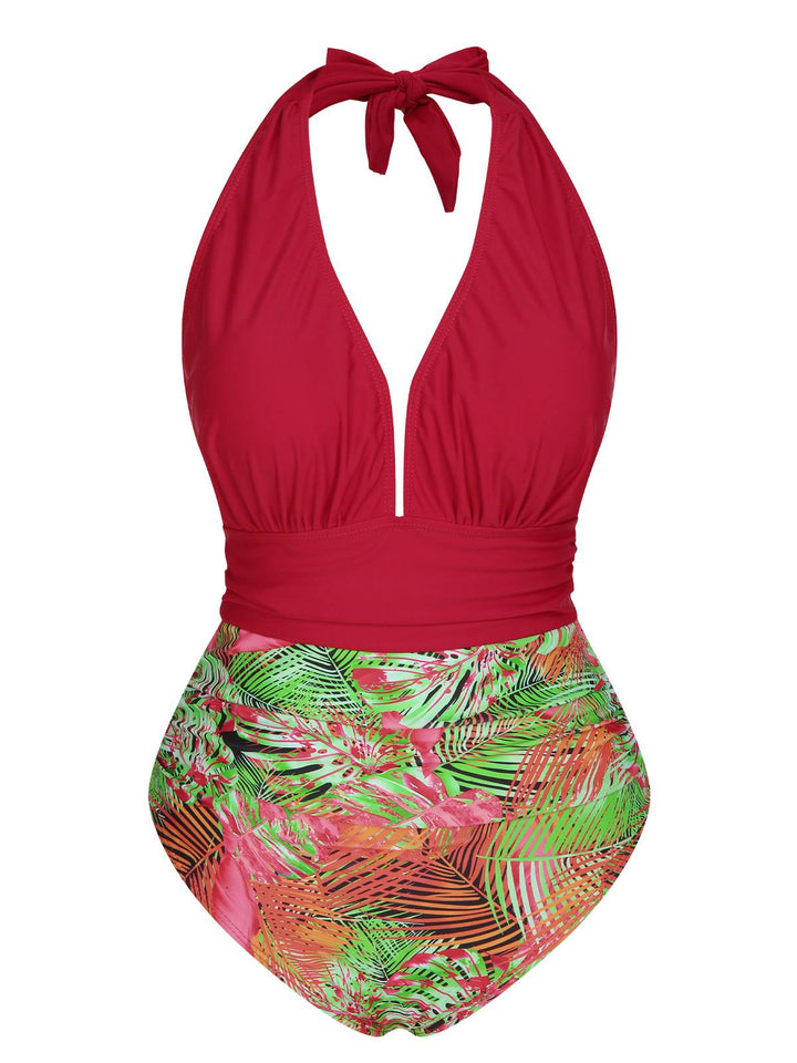 Red 1930s Tropical Plants One-Piece Swimsuit, vintage swimsuit, pin-up swimwear - perfect for women who love vintage and retro fashion