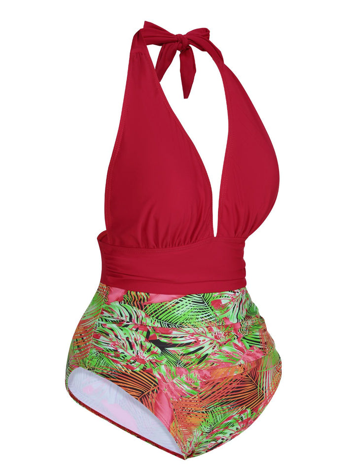 Red 1930s Tropical Plants One-Piece Swimsuit, vintage swimsuit, pin-up swimwear - perfect for women who love vintage and retro fashion