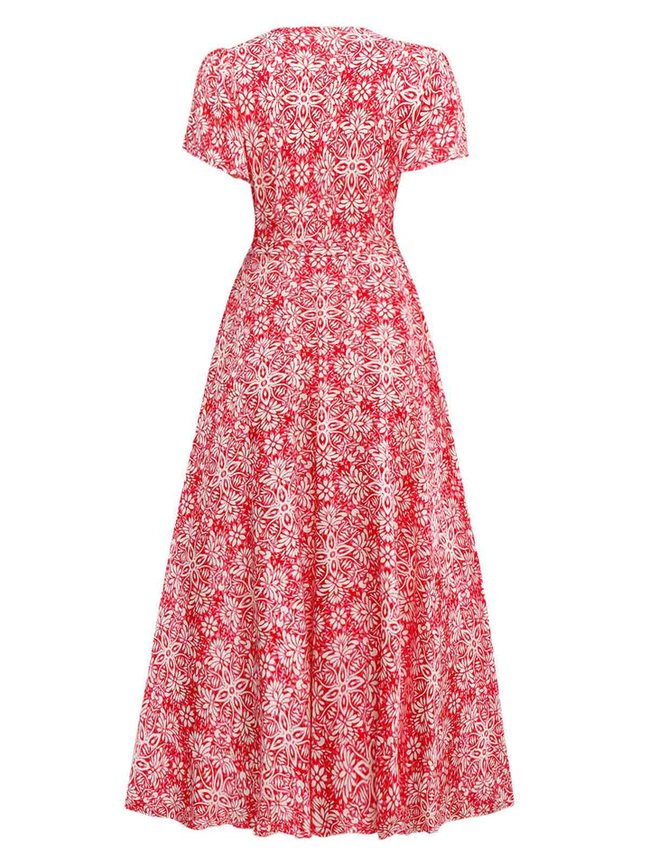 Red 1940s Boho Floral Wrap Dress - vintage dress, retro fashion, elegant red