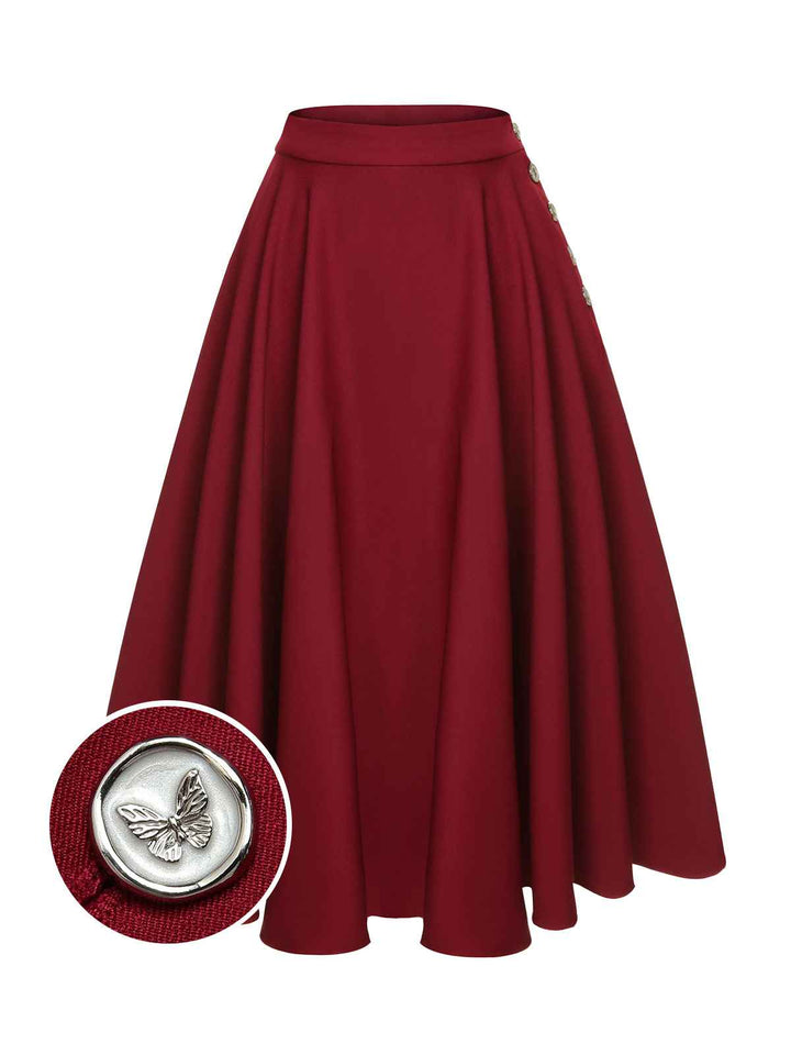 She sways in this Red 1940s Buttoned Solid Skirt and it&