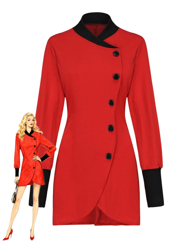 Red 1940s Diagonal Button Stand Collar Coat - vintage fashion, style, elegant red