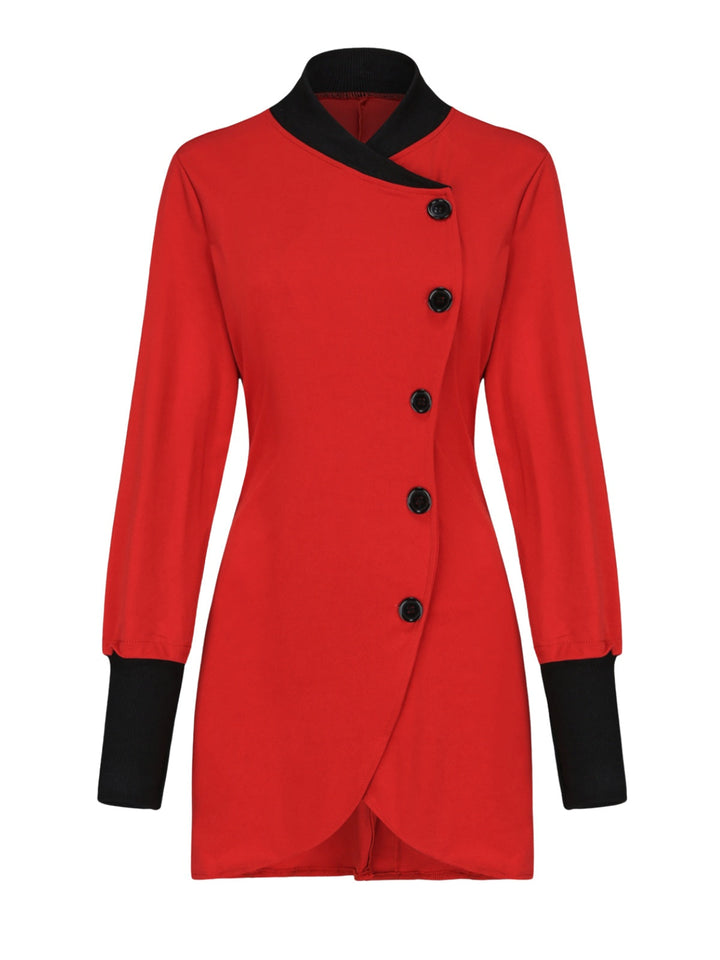 Red 1940s Diagonal Button Stand Collar Coat - vintage fashion, style, elegant red