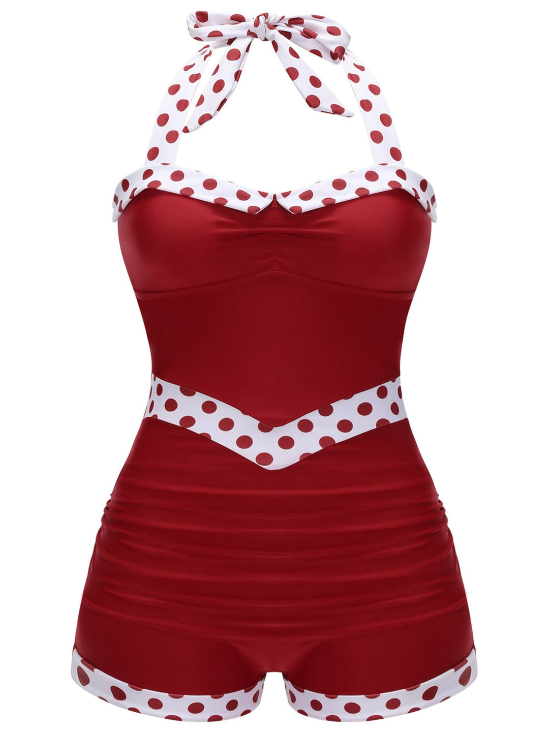 Red 1940s Dots Patchwork Halter Swimsuit - vintage swimwear, retro beach style for women