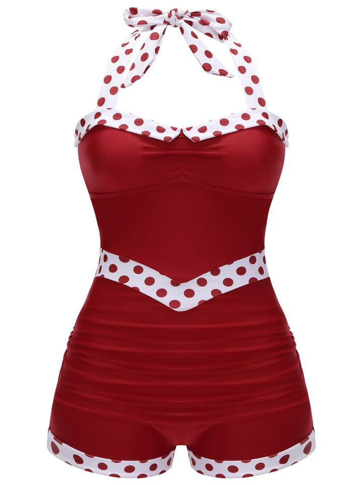 Red 1940s Dots Patchwork Halter Swimsuit - vintage swimwear, retro beach style for women