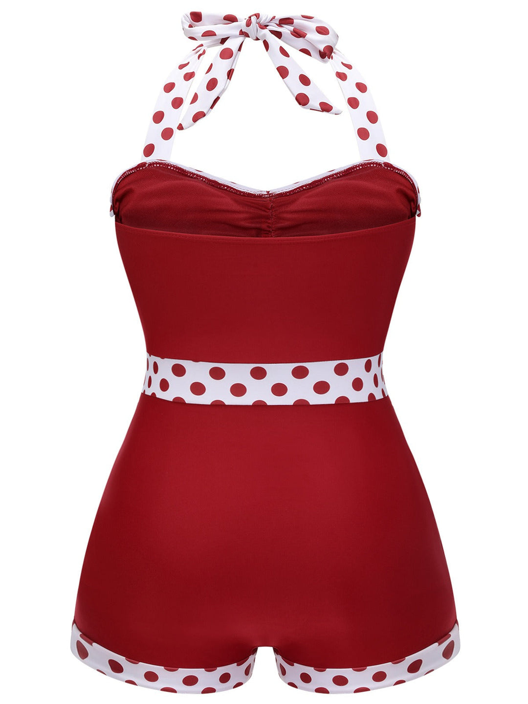 Red 1940s Dots Patchwork Halter Swimsuit: 1940s Riviera elegance, reimagined for her