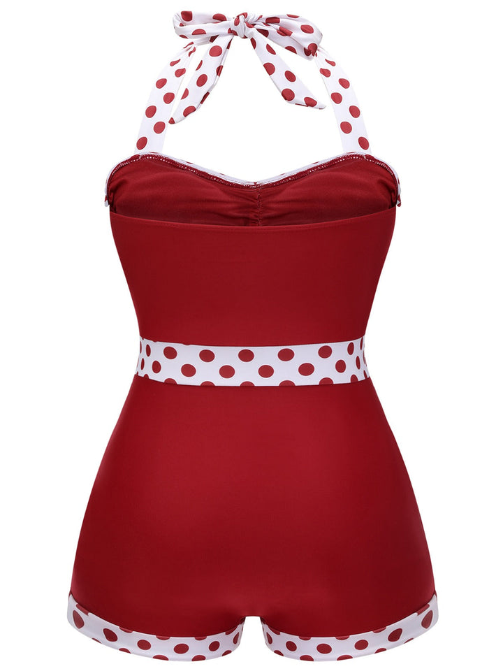 Red 1940s Dots Patchwork Halter Swimsuit: 1940s Riviera elegance, reimagined for her
