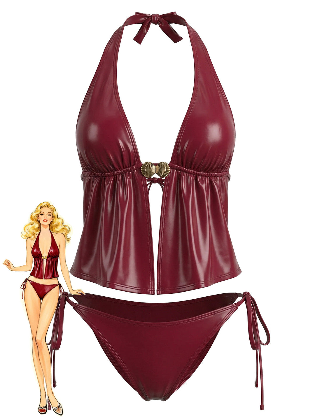 Red--Faux-Leather-Halter-Shell-Tankini-Set, vintage, retro, swimwear