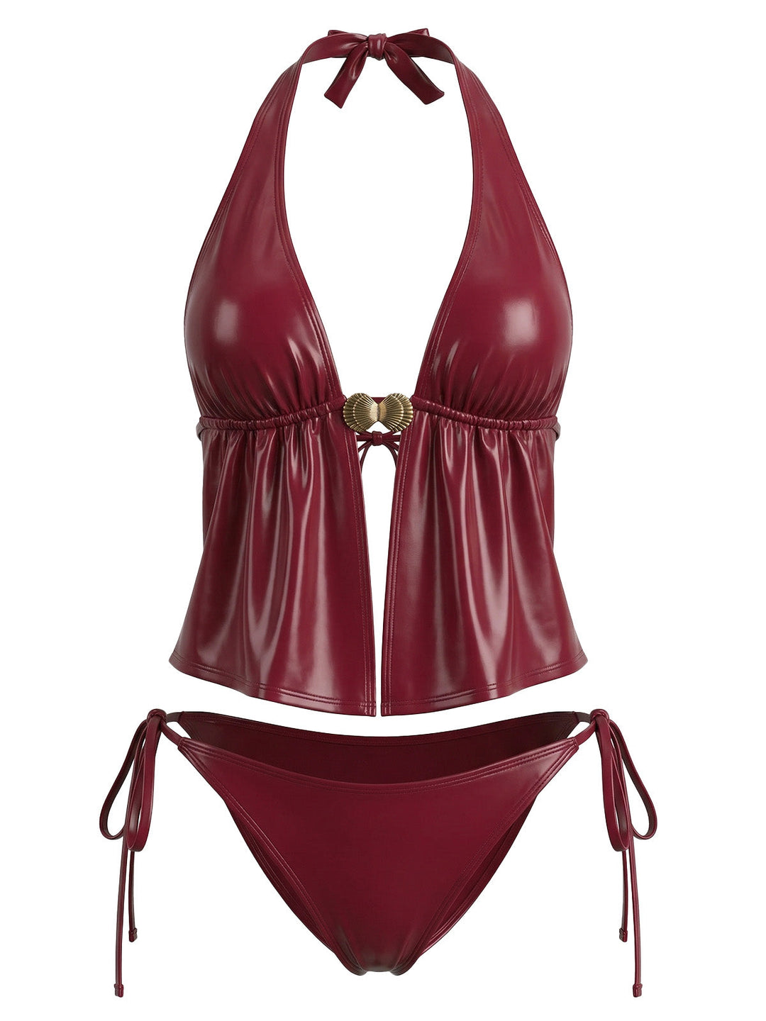 Red--Faux-Leather-Halter-Shell-Tankini-Set, vintage, retro, swimwear