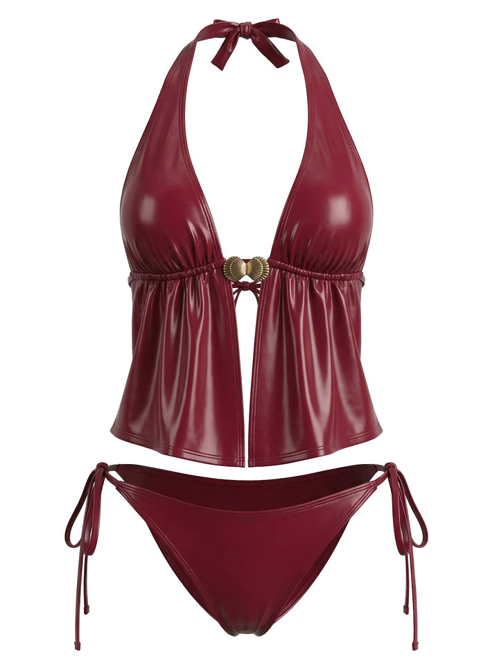 Red--Faux-Leather-Halter-Shell-Tankini-Set, vintage, retro, swimwear
