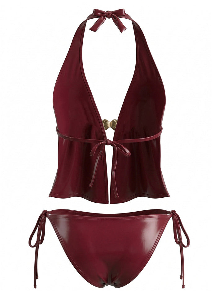 Red--Faux-Leather-Halter-Shell-Tankini-Set, vintage, retro, swimwear