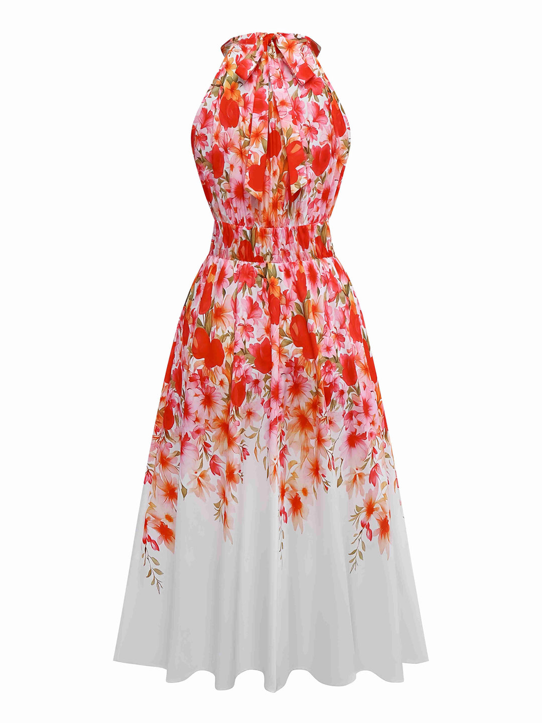 Red 1940s Floral Round Neck Halter Dress - vintage dress, retro fashion, elegant red