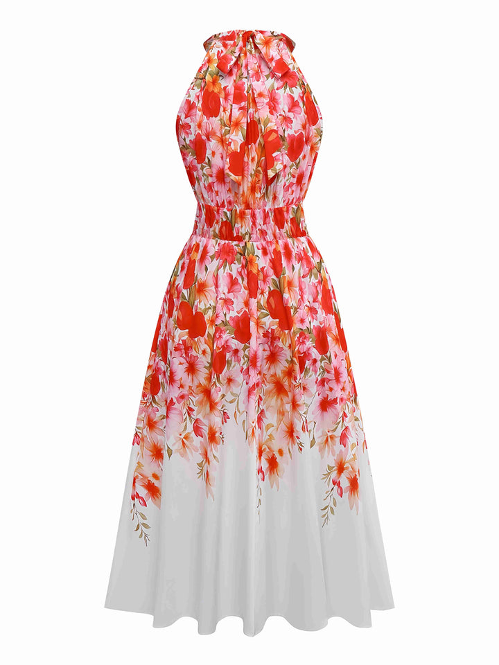 Red 1940s Floral Round Neck Halter Dress - vintage dress, retro fashion, elegant red