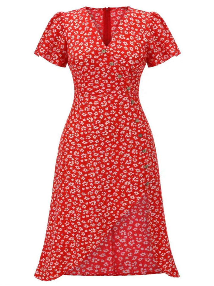 Red 1940s Floral V-Neck Added Button Dress - vintage dress, retro fashion, elegant red