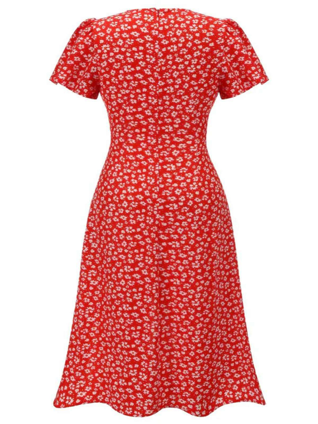 Red 1940s Floral V-Neck Added Button Dress - vintage dress, retro fashion, elegant red