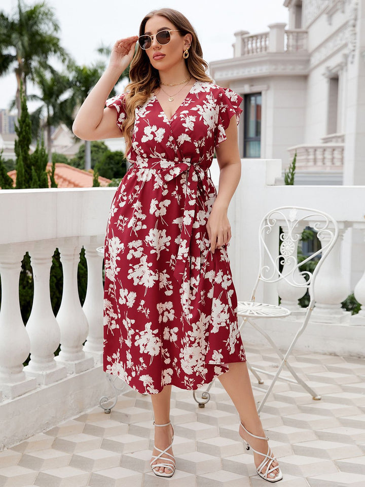 Red 1940s Floral V-Neck Belted Dress - vintage dress, retro fashion, elegant red